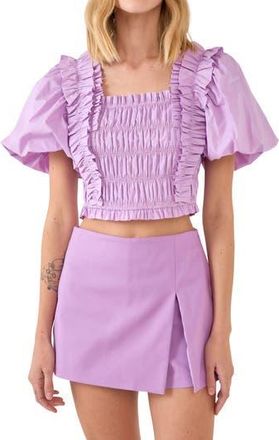 endless rose Smocked Puff Sleeve Crop Top in Lilac at Nordstrom Rack, Size X-Small