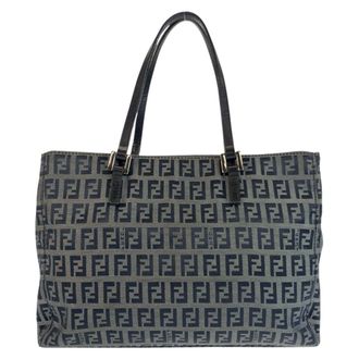 Fendi Black Gray Canvas Leather Shoulder Bag Tote Bag (Pre-Owned)