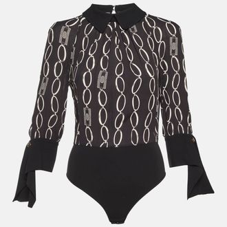 Elisabetta Franchi Black Logo Chain Print Crepe Long Sleeve Bodysuit M