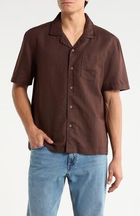 AG - Adriano Goldschmied Foster Linen & Cotton Camp Shirt in Oak Barrel at Nordstrom, Size Xx-Large