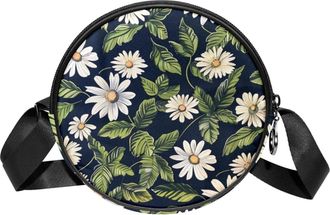 Generic Circle Crossbody Bag for Women, Daisies Leaves Small Sling Bag Daypack with Zipper Adjustable Shoulder Straps Casual Ladies Girls Round Purse