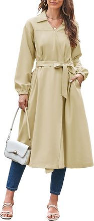 Grace Karin Women Long Sleeve Lapel Midi Dress with Belt Casual V Neck Shirt Dress with Pockets Apricot M