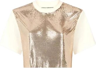 Paco Rabanne Sequin Cropped Top met Korte Mouwen - Dames - T-shirts - Beige - M - Katoen - Tops