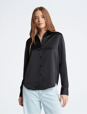 Calvin Klein Womens Satin Classic Button-Down Shirt - Black - S
