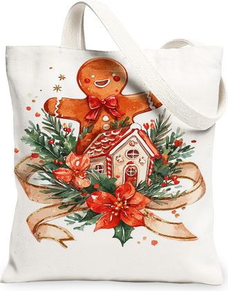 Generic Christmas Gingerbread Canvas Tote Bags, Floral Design Reusable Grocery Bags, Vintage Lightweight Washable Shoulder Strap Fo, White, 13x15 Inch