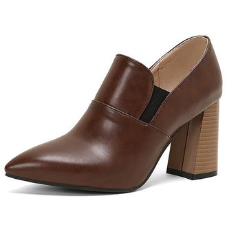 Generic MiaZane Womens Pointed Toe Ankle Boots PU Leather Block Heel High Heels Shallow Slip On Shoes Elegant Office and Party Footwear,Brown,4.5 UK