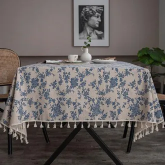 OEM Mantel Rectangular De Algod&oacute;n Y Lino Con Estampado De Rosas Azules Estilo Vintage Franc&eacute;s Y Borla Cosida, Merienda Estilo R&uacute;stico (140 X 200 Cm)