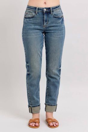 Judy Blue Mid Rise Roll Cuff Boyfriend Jeans In Medium Vintage Wash