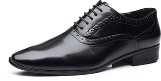 Generic Dress Oxford for Men Lace Up Pointed Burnished Toe Faux Leather Rubber Sole Anti-Slip Non Slip Block Heel Wedding(Black,8.5 UK)