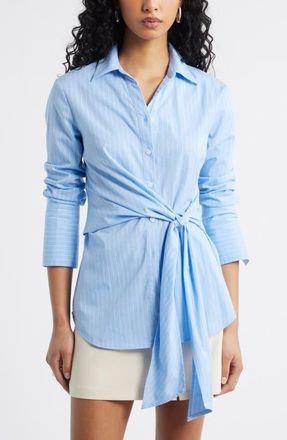Open Edit Pinstripe Button-Up Tie Waist Poplin Top in Blue- Ivory Vertical Pin at Nordstrom, Size Xx-Small