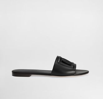 Dolce & Gabbana Calfskin Sliders - Woman Slides And Mules Black Leather 37.5