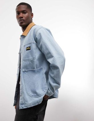 Stan Ray Giacca multitasche in denim blu lavaggio medio con bottoni e colletto a contrasto