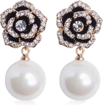 Liv Oliver 18K Gold Black Rose Embellished Pearl Drop Earrings