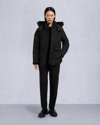 Moose Knuckles Womens Onyx Anguille Shearling Trim Jacket