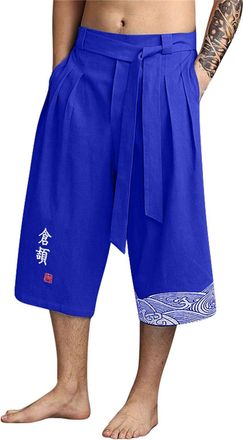 Generic Mens Japanese Traditonal Cropped Trousers Baggy Relaxed-Fit Wide Leg Palazzo Beach Pants Kimono Linen Capri Pants Harem Trousers