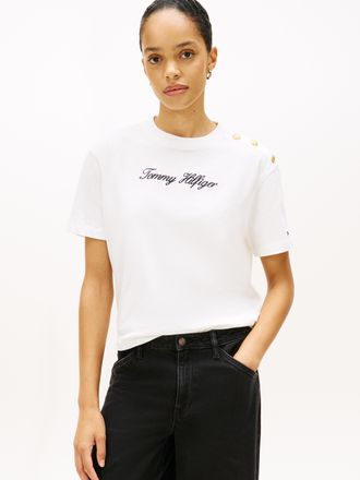 Tommy Hilfiger Kurzarmshirt TOMMY HILFIGER GOLD BTN SCRIPT MDRN SS TEE, Damen, Gr. XXL (44), ecru, Single Jersey, Obermaterial: 100% Baumwolle, bedruckt, regular fit