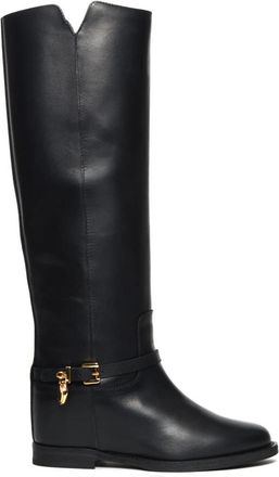 Via Roma 15 Zwarte leren laars met accessoire - Dames - Hoge Laarzen - Zwart - 37 EU - Schoenen