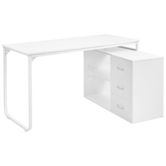 Beliani Escritorio Esquinero Oficina En Casa 2 Estantes 3 Cajones Tablero Aglomerado Patas De Hierro 140 X 100 Cm Blanco Sogne