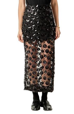 English Factory Flower Sequin Sheer Maxi Skirt in Black at Nordstrom, Size Medium