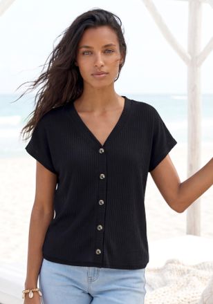Lascana Kurzarmshirt LASCANA mit Zierknopfleiste, Damen, Gr. 32/34, schwarz, Piqu&eacute;, Obermaterial: 69% Polyester (REPREVE), 28% Viskose, 3% Elasthan, unifarben