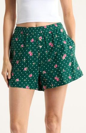 Open Edit Print Cozy Flannel Boxer Pajama Shorts in Green Polka Dot Rose at Nordstrom Rack, Size X-Large