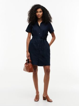 Tommy Hilfiger Womens Belted Linen-Cotton Blend Shirtdress - Navy - XXL