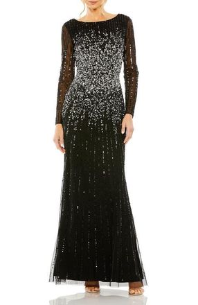 Mac Duggal High Neck Sequin Embellished Long Sleeve A Line Gown in Black at Nordstrom, Size 10
