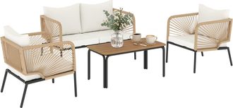 OUTSUNNY Conjunto Jard&iacute;n Exterior De 4 Piezas Con Sof&aacute; De 2 Plazas, 2 Sillones, Mesa De Wpc, Rat&aacute;n Pe Tipo Cuerda, Cojines Acolchados, Blanco