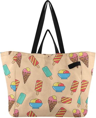 Generic Ice Cream Beige print Reusable Canvas Tote Bag, Heavy Duty Grocery Shopping Bag with Hard Bottom Large Capacity Double Handles Work Groceries Travel