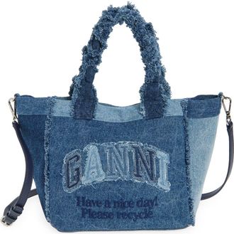 Ganni Small Trapeze Denim Shopper Bag in Dark Blue Vintage at Nordstrom
