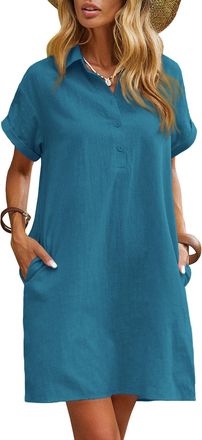 Zeagoo Womens Short Sleeve Linen Loose Casual Dress with Pockets Knee Length Blue Green S