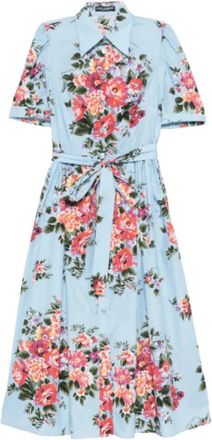 Dolce & Gabbana Midi-jurk met bloemenprint en riem - Dames - Shirt Kleedjes - Blauw - M - Kleedjes