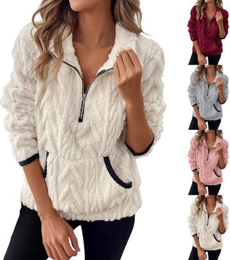Generic AMDOLE Sweatshirts for Women UK Womens Fleece Jumper 1/4 Zip Up Teddy Fluffy Pullover Sweatshirt Ladies Casual Sweater Cozy Coat Tops Fall Winter Stan
