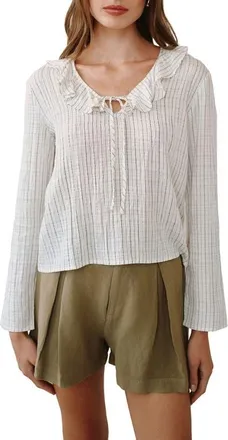 Bella Dahl Stripe Ruffle Tie Neck Seersucker Top in Ecru/Black Pinstripe at Nordstrom, Size X-Small