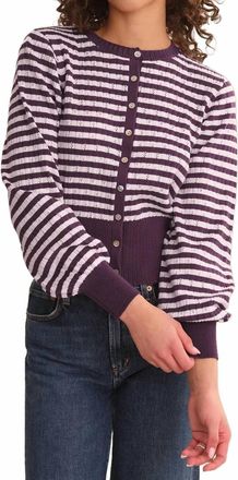 525 america Beckett Striped Pointelle Blouson Sleeve High Rib Cardigan In Italian Plum Combo