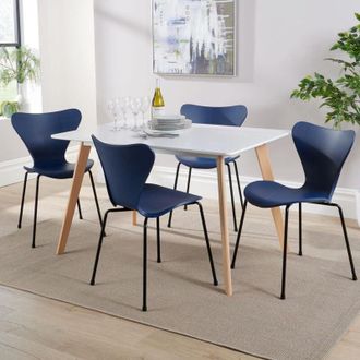 Home Source Industries Home Source - Dining Table Set 120cm White Top Wooden Legs 4 Curved Plastic Metal Blue Chairs