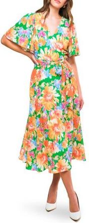 Flying Tomato Floral Flutter Sleeve Wrap Midi Dress in Green at Nordstrom Rack, Size Medium