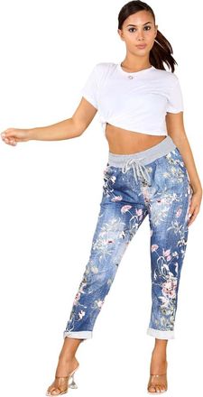 Generic Faozo Womens Italian Printed Turn Up Trouser - Ladies Floral Elasticated Waistband Causal Summer Drawstring Pant with Side Pockets Gym Running Workout