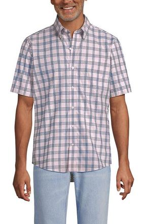 Lands End Short Sleeve No Iron Twill Shirt in Sea Salt Pink/navy Plaid at Nordstrom, Size Xx-Large