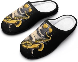 Generic Saxophone Pug Dog Jazz Music Slippers Men Winter Warm Cotton Anti-Slip Indoor Slip-Ons House Shoes