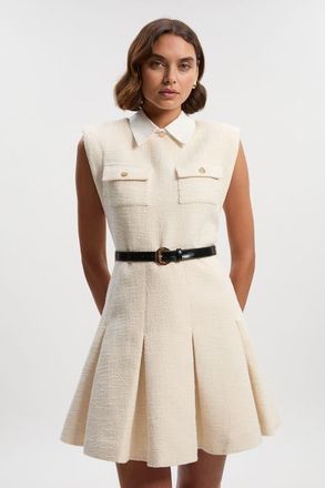 Karen Millen Tweed Collared Sleeveless Mini Dress in Cream at Nordstrom, Size 12