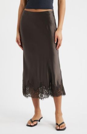 Reformation Carolina Lace Trim Silk Midi Skirt in Black Pearl at Nordstrom, Size X-Large