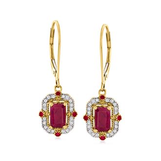 Ross-Simons Ruby and. Diamond Drop Earrings in 14kt Yellow Gold