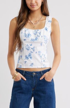 BP. Ruched Tank Top in White Blue Talia Floral at Nordstrom, Size Xx-Small