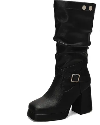 Generic Womens Square Toe Slouch Long Boots Chunky High Heel Platform Boot with Buckle Pull on Mid-Calf Boots,Black,8.5 UK