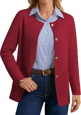 Grace Karin Ladies Autumn Casual Regular Fit Cardigans Long Sleeve Crew Neck Knitwear Sweater Red M