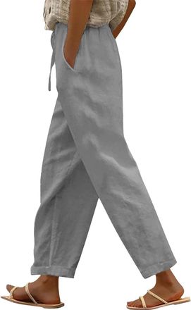 Generic Linen Trousers for Women UK Drawstring Elastic Waist Ladies Cropped Trousers with Pockets Loose Lightweight Lounge Pants Plus Size Casual Holiday Summ