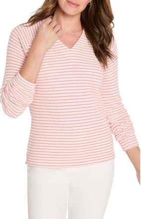 Nic+Zoe Stripe Thermal Split Neck Long Sleeve Top in Pink Multi at Nordstrom, Size Medium P