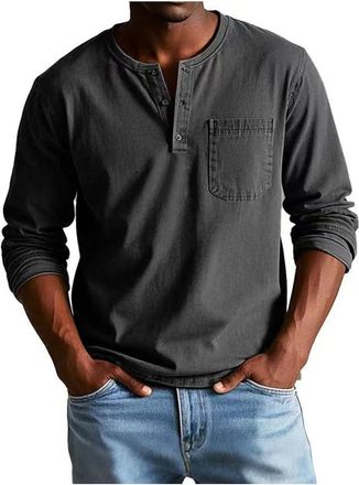 Generic Mens Fashion Vintage Distressed Pocket Long-Sleeve Shirt,Long Sleeve Distressed Washed V Neck Button Shirts (Black,L)
