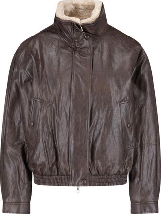 Low Classic Brown Detachable Faux Fur Collar Faux Leather Bomber Jacket
